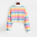 Znbbw Shirt Women Sweatshirt Long Sleeve Rainbow Color Ladies Hoodies With Button Striped Korean Style Sweatshirt Women