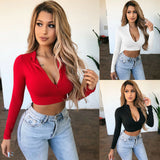 Znbbw Women Long Sleeve Crop Tops V Neck Zip Bandage T-Shirt Summer Beach Slim Fitness Bodycon Casual Solid Party Sexy Streetwear Top