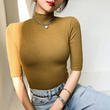 Znbbw Women Half Turtleneck Slim Half Sleeve T Shirts Lady Threaded Fabric Elegant Stretchy Tops Tees Female Basic Sheath T-Shirt