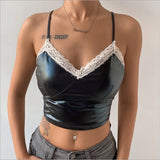 Znbbw Lace Patchwork PU Leather Camisole Women Sleeveless V Neck Slim Fit Black Crop Top Club Street Fashion Tank Tops Streetwear