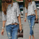 Znbbw Ladies Sloping Shoulder Glistening Sequin Stylish Chic Slim Shirt Top Shirt Loose Soft Casual Women T Shirts tee shirt femme