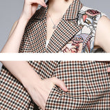 Znbbw Floral Grid Print Short Pant 2 Piece Set Women Notched Single-Breasted Sleeveless Blazer Jacket + Wide Leg Shorts Set