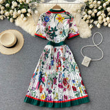 Znbbw Summer Runway Designer Pleated Dress Women's Short Sleeve Shirt Collar Overlay Flower Print Slim Party Midi Dresses N78610