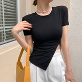 Znbbw Summer Women O-neck Short Sleeve Cotton T-shirts Tees Girls Solid Slim Split Tees T shirts Tops For Female Real Photos