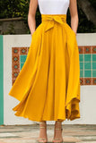Znbbw Women's Solid Color High Waist A Line Skirt Fashion Slim Waist Bow Belt Pleated Long Maxi Skirts Red Orange Yellow