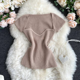 Znbbw Women V-neck Knitted Short Sleeve Draw String T-shirts Crop Tops Girls Knitting Stretchy Cropped Sheath Tee Shirts For Female