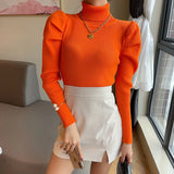 Znbbw Puff Long Sleeve Turtleneck Knitted Sweater Pullovers Girls Solid Stretchy Streetwear Winter Thick Tops Jumpers Women