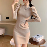 Znbbw Women Knitting Full Puff Sleeve Base Sweaters Dresses Girls Slim Turtleneck Mini Sheath Knitwear Dress Real Photos