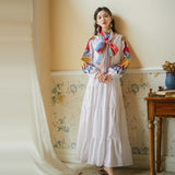 Znbbw Indie Folk Peacock Embroidery Red Christmas Dress Women's V-Neck Lantern Sleeve High Waist Bow Scarf Cotton Long Dresses