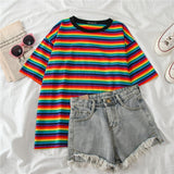 Znbbw Rainbow Stripe Women Summer T-Shirt Minimalist Short Sleeve Women clothes Tops tee shirt couple clothes tshirt top