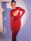 Znbbw Hollow Out Corset Women Fashion Autumn Winter Long Sleeve Bodycon Party Club Red Pencil Sexy Midi Dress 2023 Clothes