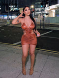 Znbbw Women Sexy Autumn Winter Bodycon Hollow Out Party Club Brown Mini Dress 2023 Fall Clothes Wholesale Items Dropshipping