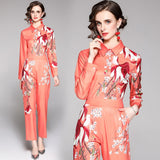 Znbbw Fashion Runway Suit for Women Elegant Long Sleeve Floral Print Shirt and Pants 2 Piece Matching Set Office Outfits N68995