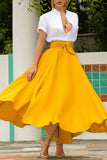 Znbbw Women's Solid Color High Waist A Line Skirt Fashion Slim Waist Bow Belt Pleated Long Maxi Skirts Red Orange Yellow