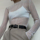 Znbbw Fall Elegant See Through Long Sleeve Mock Neck Women Tops Fashion Streetwear Sexy T-Shirts Tees Slim Clothes