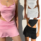 Znbbw Summer Sexy 90s Mini Skirt Lady Trendy Y2K Summer Beachwear pink Skirts Preppy Style Ruched Pleated Skirts Woman High Waist