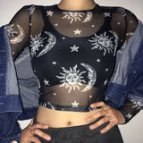 Znbbw Women Sexy Harajuku Mesh Tops Long Sleeve See Through T Shirt Transparent Sun Moon Star Print T-shirt Femininas Clubwear