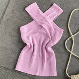 Znbbw Summer Sleeveless Tshirts Women Crossed V-Neck Slim Tank Tops Girl Short Solid T-Shirt Camisole Tees Top
