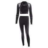 Znbbw Letter Print Turtleneck Top + Leggings Striped Patchwork Fashion Casual Women Fitness Sport Two Pieces Set Tracksuits