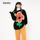 znbbw Winter Street Style Y2K Floral Embroidery Women Warm Sweater Oversize Long Sleeve Knit Ladies Pullover Female Clothing Tops