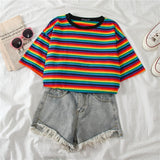 Znbbw Rainbow Stripe Women Summer T-Shirt Minimalist Short Sleeve Women clothes Tops tee shirt couple clothes tshirt top