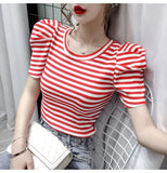 Znbbw Summer Girls O-neck T-shirts Tops Woman Slim Short Puff Sleeve Vintage Striped T-shirt Tee Female