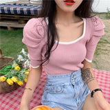 Znbbw Women Short Puff Sleeve Tee Shirts Lady Fashion Patched Square Collar Knit Stretchy Chic Crop Tops T-shirts For Girls Summer