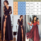 Znbbw Elegant Ladies Women Sexy Long Sleeve High Waist Lace Slim Fit V Neck Party Formal Split Maxi Dress Black/Wine Red