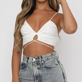 Znbbw Summer New Spaghetti Straps Camis Women Ruched Deep V-Neck Crop Tops Chic Solid Color Backless Cross Tie-Up Bustiers