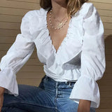 Znbbw Women Lady Fashion Ruffled V-Neck Crop Top Long Puff Sleeve Blouse Woman Casual Shirt Tops Autumn Clothes Female Plus Size hot