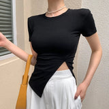 Znbbw Summer Women O-neck Short Sleeve Cotton T-shirts Tees Girls Solid Slim Split Tees T shirts Tops For Female Real Photos