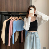 Znbbw autumn knitted cropped top 2024 new shawl long sleeve all-match sweater cardigan crop tops