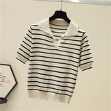 Znbbw Vintage Short Sleeve Knitted T-shirts Girls Basic Striped Stretchy V-neck TShirts Tops For Women