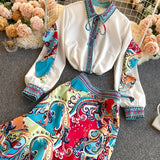 Znbbw Spring Runway Skirt Suit Women's Elegant Ruffles Lantern Sleeve Bow Blouse Tops ＋Beading Pearls Mermaid Skirt 2 Pieces Sets