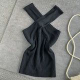 Znbbw Summer Sleeveless Tshirts Women Crossed V-Neck Slim Tank Tops Girl Short Solid T-Shirt Camisole Tees Top