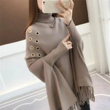 Znbbw Bat Sleeve Loose Sweater Turtleneck Cloak Jacket Autumn Winter New Sweater Women's Hedging Tassel Shawl