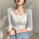 Znbbw Sleeve Square Collar Slim Cotton T-shirt Tee Girls Solid Summer Basic High Elasticity Tshirts Crop Tops For Women