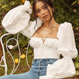 Znbbw Summer Autumn Fashion Women Blouse 2023 Floral Print French Puff Sleeve Square Neck Chiffon Shirts Female Tops