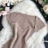 Znbbw Women V-neck Knitted Short Sleeve Draw String T-shirts Crop Tops Girls Knitting Stretchy Cropped Sheath Tee Shirts For Female