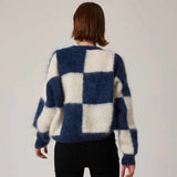znbbw Winter Vintage Mohair Plaid Women Sweater Chic Long Sleeve O Neck Loose Ladies Pullover Fashion Warm Female Clothing Tops