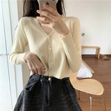 Znbbw Women V-Neck Knitted Casual Short Sweaters Cardigans Lady Full Sleeve Thin Cardigan Outwear Crop Top for Female