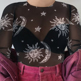 Znbbw Women Sexy Harajuku Mesh Tops Long Sleeve See Through T Shirt Transparent Sun Moon Star Print T-shirt Femininas Clubwear