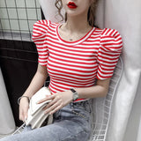 Znbbw Summer Girls O-neck T-shirts Tops Woman Slim Short Puff Sleeve Vintage Striped T-shirt Tee Female