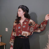 znbbw Spring Vintage Print Oversize Women's Shirt Red Blouse Long Sleeve Ladies Tops Plus Size Button Up Fashion Female Clothing