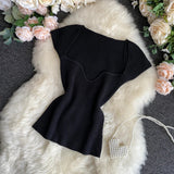 Znbbw Women V-neck Knitted Short Sleeve Draw String T-shirts Crop Tops Girls Knitting Stretchy Cropped Sheath Tee Shirts For Female