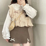 Znbbw Autumn Kawaii Sweater Vest Women Loose Bowknot Japanese Sweet Cute Knitted Vest Ruffle Korean Fashion Button-down Cardigan