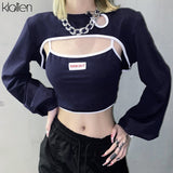 Znbbw Women Casual Streetwear Long Sleeve Top with Camisole Two Piece T Shirt Autumn New Office Lady Slim Stretch Cotton Tee