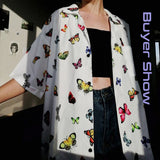 znbbw Vitage Short Sleeve Loose Women Blouse Shirt Y2K Butterfly Printing Button Up Pockets Womens Shirts 2023 Summer Felame Tops