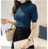 Znbbw Turtleneck Knitted T-shirts Tops Woman Slim Short Puff Sleeve Buttons Soft Solid Autumn T-shirt Tee Female