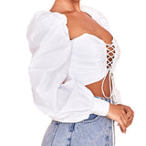 Znbbw Out Bandage Women Blouse Sexy Long Puff Sleeve Square Collar Solid Tie Up Crop Top Holiday Elegant Exposed Navel Shirt